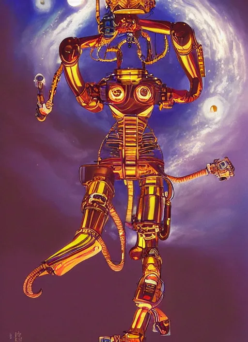 Prompt: Robotic beautiful shaman woman posing in front of a space station painted by Hajime Sorayama and moebius, chris foss , tarot, dramatic lighting