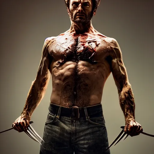 Image similar to the wolverine, butcher, zombie, full body shot by yousuf karsh, golden hour, realistic, body shot, sharp focus, 8 k high definition, insanely detailed, intricate, elegant