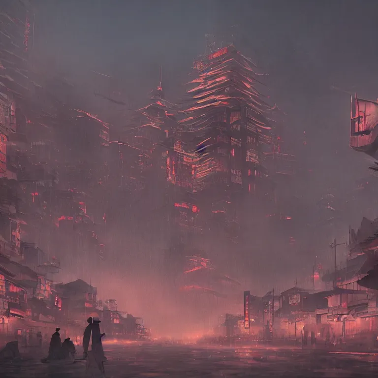 Image similar to evil robot attacking feudal japan city, moody sky, dramatic lighting, painted by James Jean and Wayne Barlowe and moebius, high details , cinematic, denoised, octane render, fog, spooky, cgsociety 8k