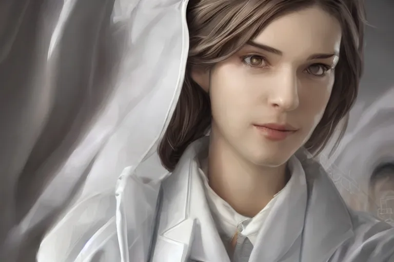 Image similar to an elegant and beautiful female doctor in a white coat in a hospital ward, cinematic, highly detailed, digital painting, artstation, concept art, matte, sharp focus, illustration, art by artgerm and greg rutkowski