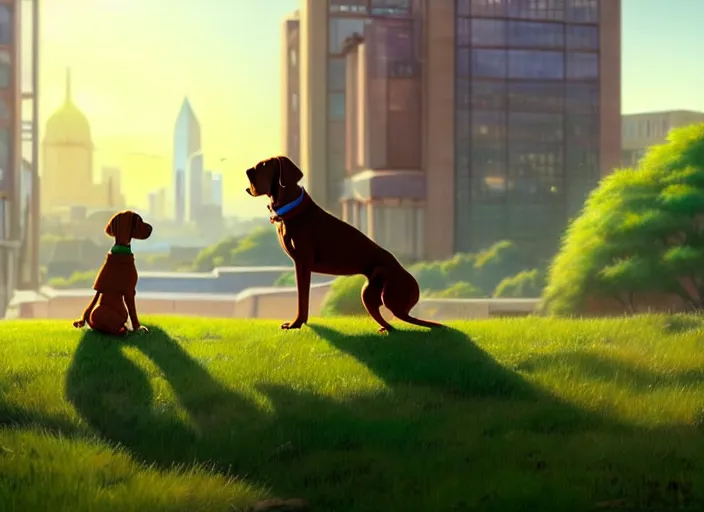 Prompt: a wholesome animation key shot of a brown vizsla dog wearing a green sweater, adelaide city in the background, studio ghibli, pixar and disney animation, sharp, rendered in unreal engine 5, anime key art by greg rutkowski, bloom, dramatic lighting