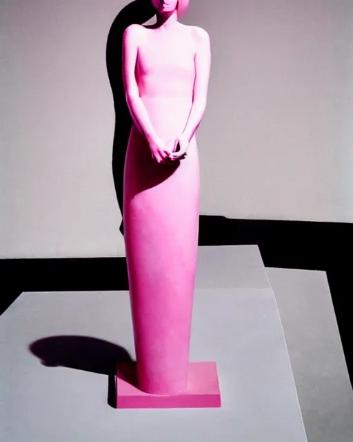 Image similar to a woman in a pink dress is posing for a photo, a marble sculpture by alexander mcqueen, featured on cg society, vorticism, genderless, androgynous, feminine