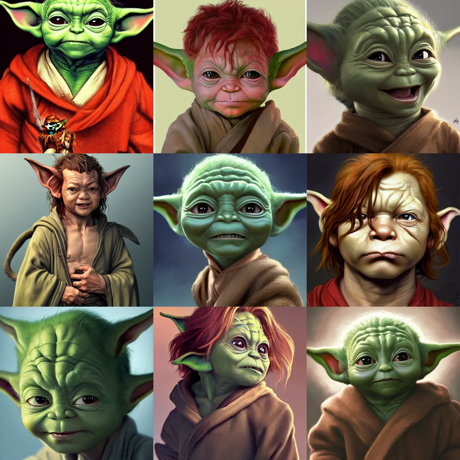 Prompt: portrait of a young ruggedly handsome but joyful baby yoda, male, masculine, upper body, red hair, long hair, d & d, fantasy, fierce, sharp features, intricate, elegant, highly detailed, digital painting, artstation, concept art, matte, sharp focus, illustration, art by artgerm and greg rutkowski and alphonse mucha