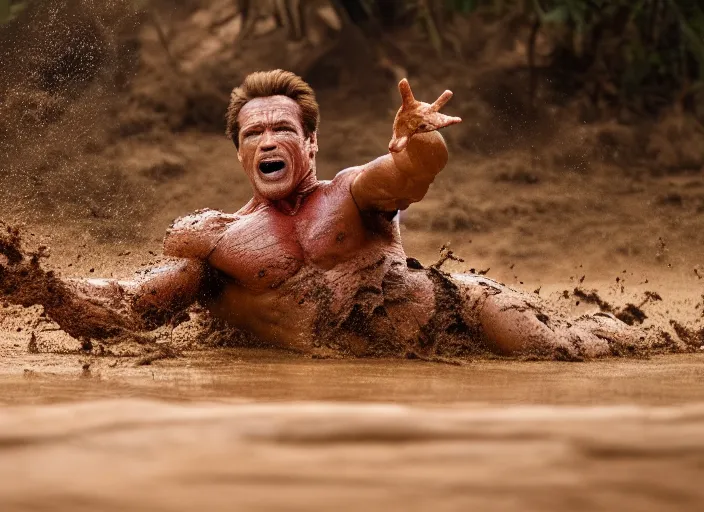 Prompt: photo of schwarzenegger mudbending at predator. highly detailed 8 k. intricate. lifelike. soft light. sony a 7 r iv 5 5 mm. cinematic post - processing