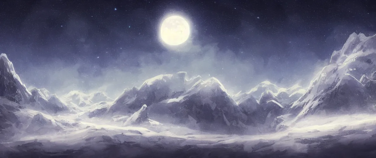 Image similar to snowy mountain range, stars in sky, whales flying in clouds, digital painting, concept art, high detail, style of Jordan Grimmer, fluffy calm clouds, matte painting, high res, moon shine, volumetric, starry sky