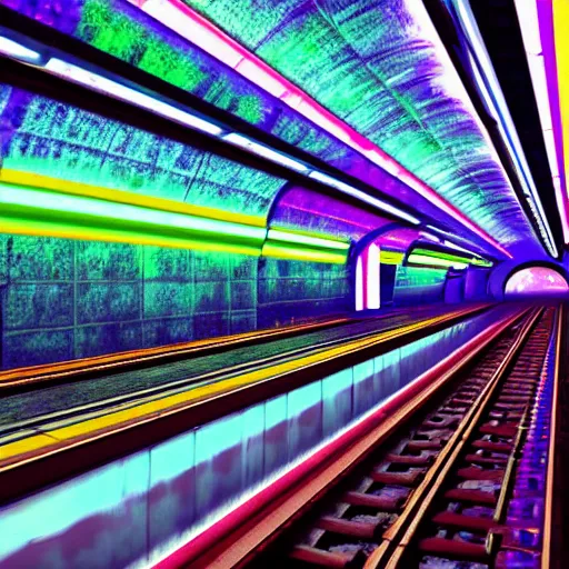 Prompt: underground train station, futuristic, neon colours, highly saturated, high def, 8 k, hd, highly detailed,