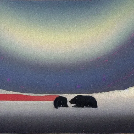 Image similar to the epic abstract painting'blue arctic void with black and red aurora borealis above a tiny polar bear family ', by caspar david friedrich!!!, by rothko!!!, stunning masterpiece, trending on artstation