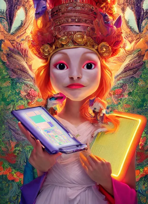 Image similar to an anthropomorphic beautiful goddess female wizard made of fox portrait holding a portable computer wearing colourful robe, fine art, award winning, intricate, elegant, sharp focus, octane render, hyperrealistic, cinematic lighting, highly detailed, digital painting, 8 k concept art, art by jamie hewlett and z. w. gu, masterpiece, trending on artstation, 8 k