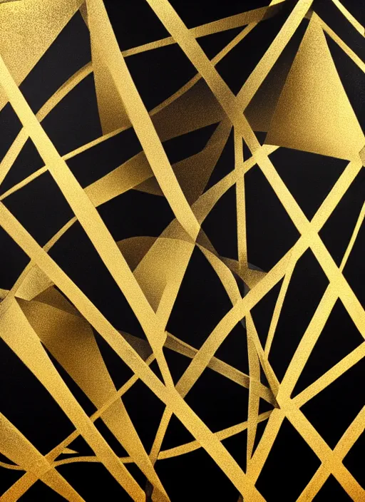 Prompt: black, gold, silver, symmetrical, award - winning painting, abstract, gold and silver shapes, rectangles, geometry, elegant, luxurious, beautiful, pitch black background, dali