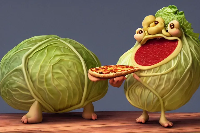 Image similar to cabbage character, walruss character, fat, king, crown, pizza, wood fired oven, cooking pizza, high heat, highly detailed 3 d render, artstation, surrealism, pixar