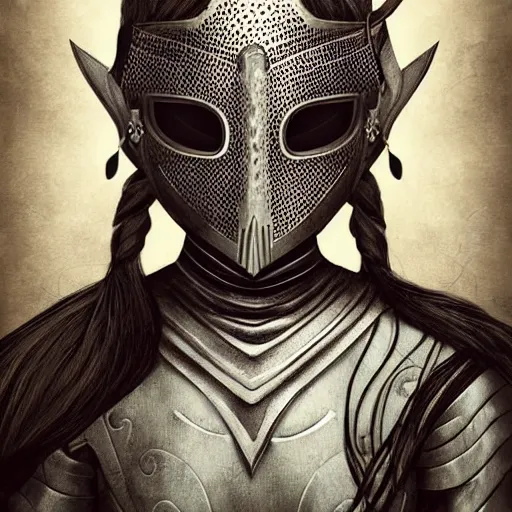 Prompt: portrait of a beautiful female knight with half faced mask, illustration, digital art, highly detailed