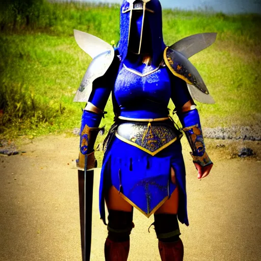 Prompt: photo of a real-life beautiful warrior with lapis lazuli armour