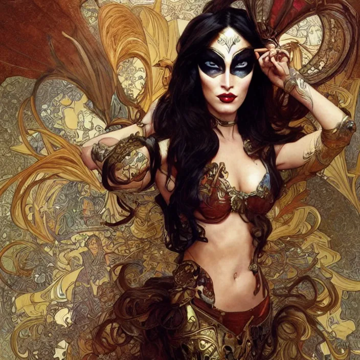 Image similar to megan fox wearing venetian carnival masks by artgerm, greg rutkowski, alphonse mucha