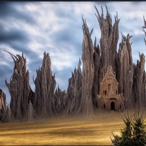 Image similar to dark gothic palace, gothic palace made, GOTHIC PALACE! of rock with tall spires, bristlecone pine trees, ultrawide cinematic 3d render, dark dramatic skies, atmospheric, vultures