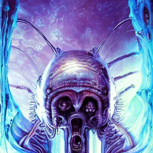 Image similar to painting of aliens hybrids, in a beautiful crystal caverine, by giger, jim burns, frank frazette, cold hue's, amazing colorful background, digital art, concept art, animal painting, beautiful composition 3 - d 4 k,