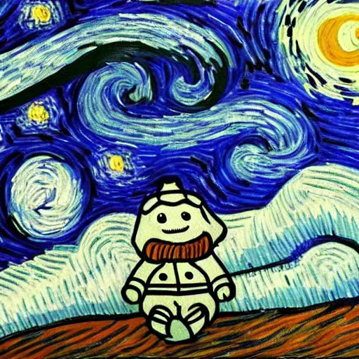 Prompt: painting of a giant angry stay puft marshmallow man in the style of starry night by vincent van gogh intricate detail,