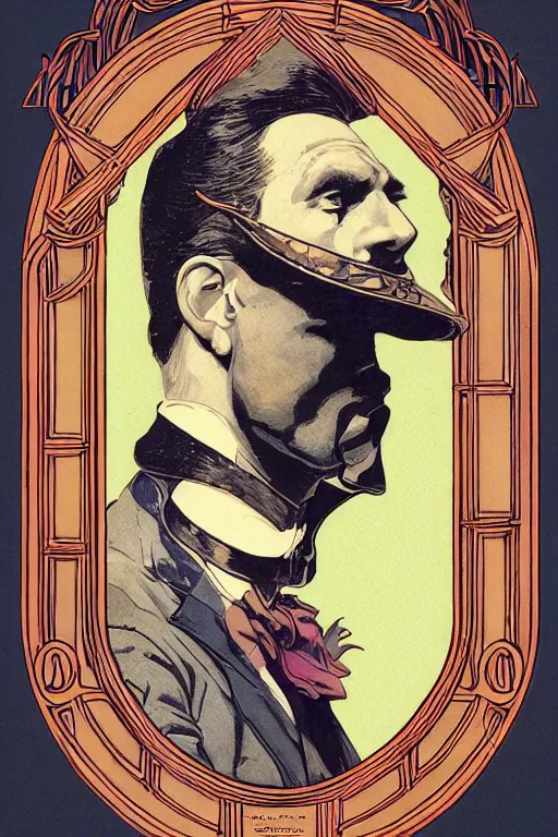 Image similar to zoomed out portrait of a duke, victorian era, art deco style, stylized illustration by moebius and juan gimenez, watercolor gouache detailed paintings in style of syd mead, ridley scott, metabaron, mucha, ghibli studio and disney vibe, vivid colorful comics style, clean line, diesel punk, artstation