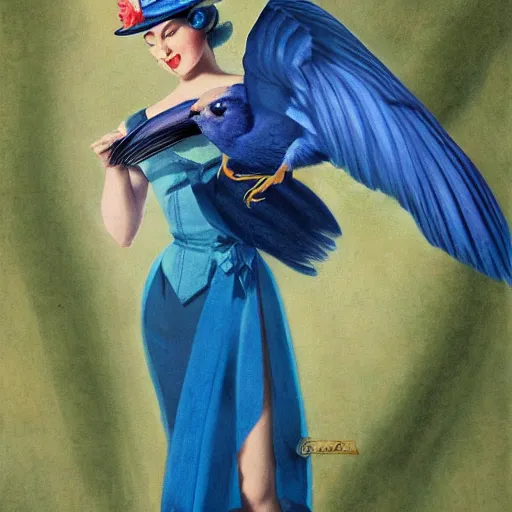 Image similar to pinup girl holding an indigo bunting, bird, the bird is wearing a bowtie, by greg rutkowski, rossdraws, gil elvgren, enoch bolles, anime, porcelain skin, very coherent