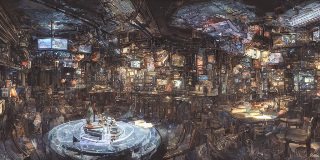 Image similar to Highly detailed realistic photo of interior design in style of Hiromasa Ogura and Josan Gonzalez of detailed cyberpunk tavern with minimalism stone walls and neon lights, a lot of electronics and people, many details. Natural white sunlight from the transperient roof. Panorama on 360 degrees Rendered in 32K in VRAY and DaVinci Resolve and MAXWELL and LUMION 3D, Volumetric natural light