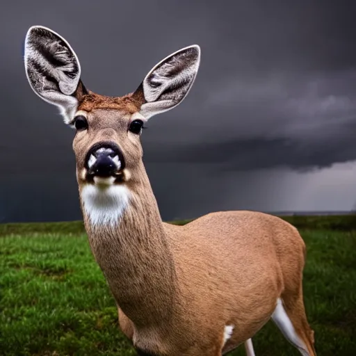 Prompt: 4 k hdr wide angle detailed portrait of a deer as a human instagram model soaking wet standing in the rain shower during a storm with thunder clouds overhead and moody stormy lighting sony a 7