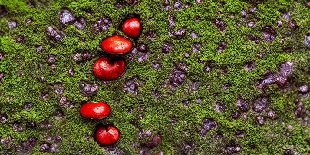 Image similar to extraterrestrial moss with some tiny red mushrooms, fog, dew, realistic, highly detailed, macro photography, trending on artstation