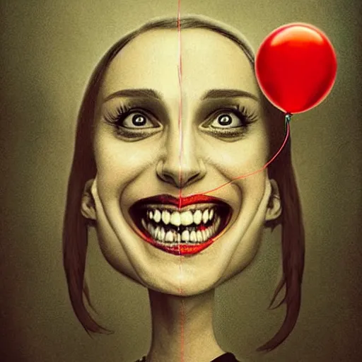 Prompt: surrealism grunge cartoon portrait sketch of natalie portman with a wide smile and a red balloon by - michael karcz, loony toons style, mad max style, horror theme, detailed, elegant, intricate