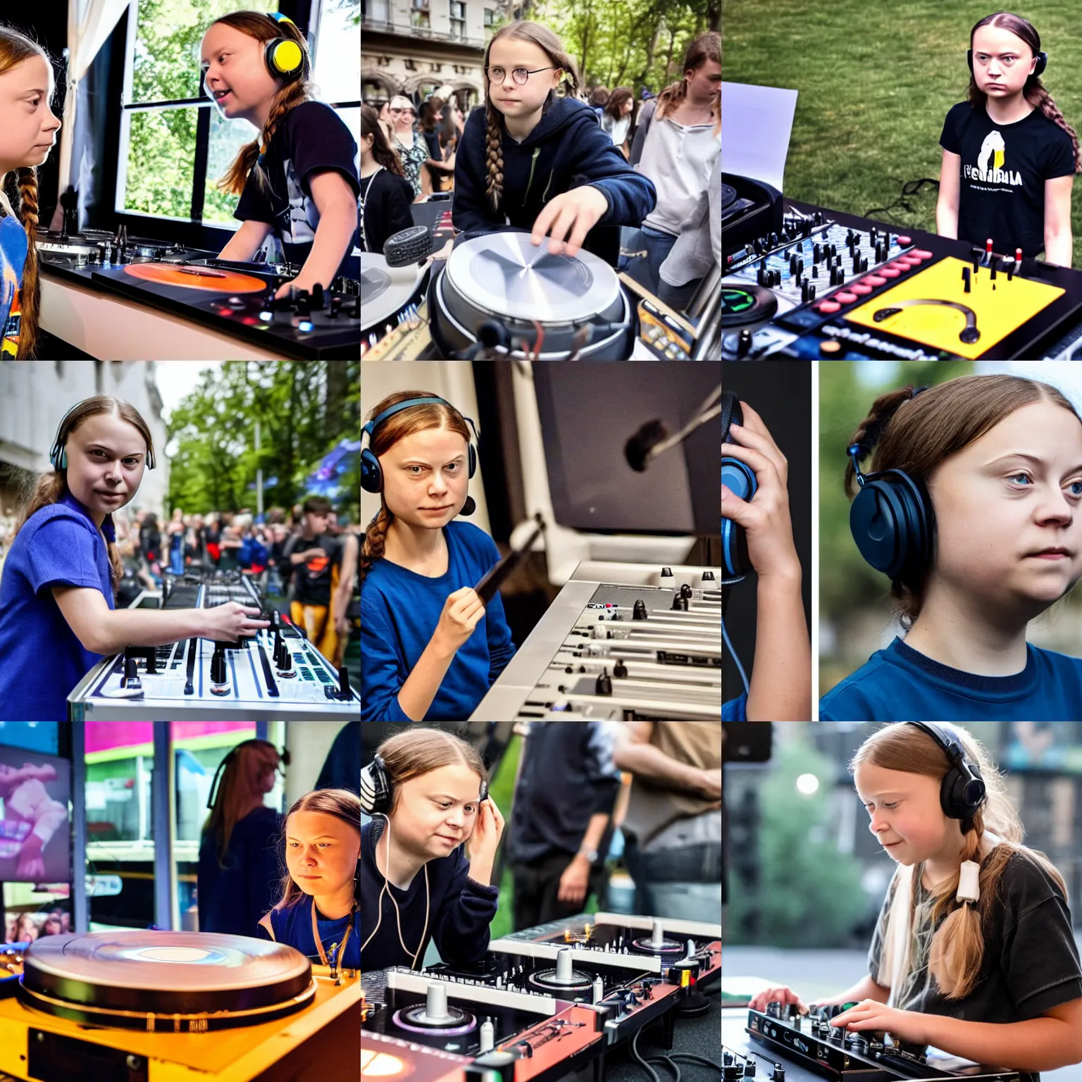 Prompt: greta thunberg wearing headphones, DJing with DJ turntables, photoreal