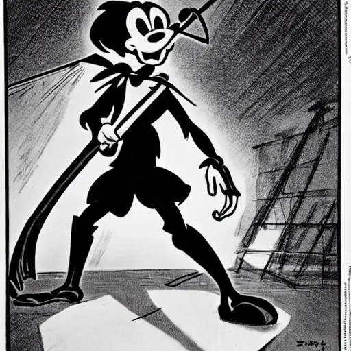 Prompt: an disney animation of the death character with his scythe, working hard, in a open-space working space, 1970.