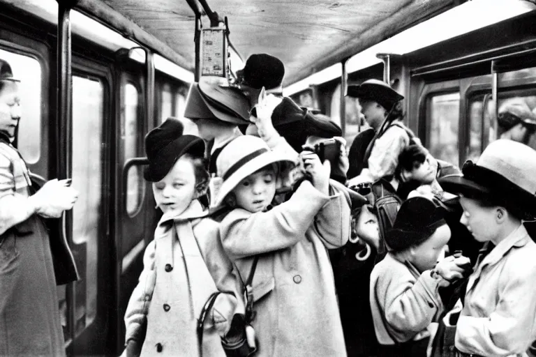 Prompt: A picture of 1934 in the new York subway. Children playing with a mobile phone, retro, vintage, ultra detailed, 20mm camera