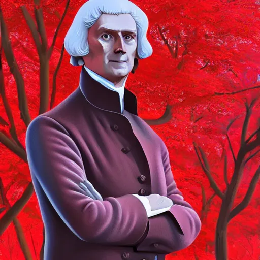 Prompt: portrait of Thomas Jefferson, with red trees in the background, in the style of Artgerm, chunky textures, trending on artstation