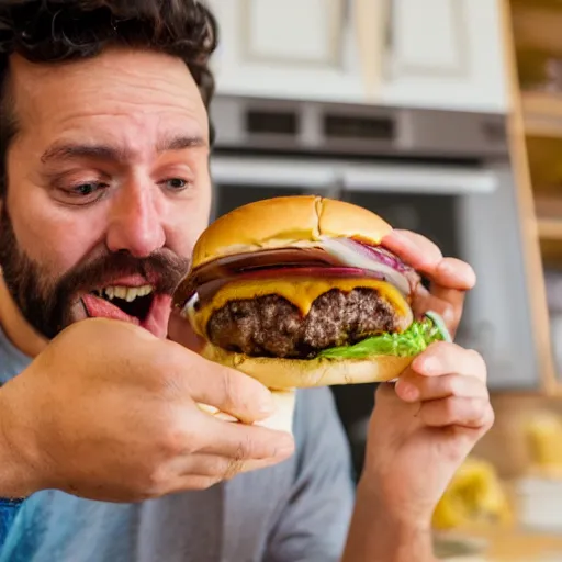 Image similar to a man enjoying a burger full of cheese in his kitchen, 4 k, cinematography, photography, realistic, detailed,