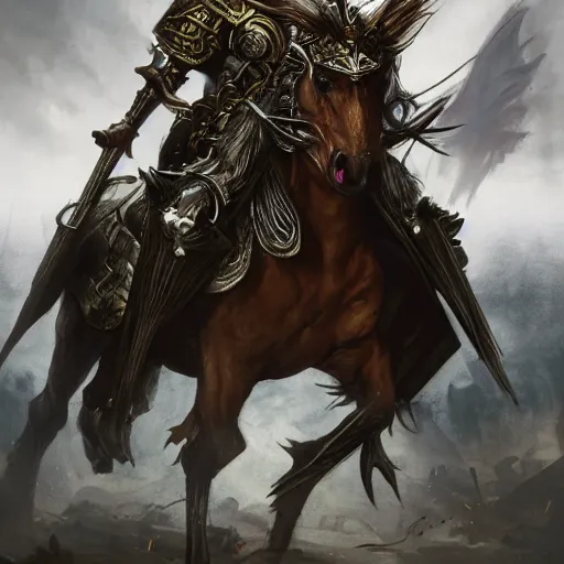 Prompt: Horse, Anthropomorphized, as warlord general on skull throne, magic the gathering artwork, D&D, fantasy, cinematic lighting, centered, symmetrical, highly detailed, digital painting, artstation, concept art, smooth, sharp focus, illustration, volumetric lighting, epic Composition, 8k, art by Akihiko Yoshida and Greg Rutkowski and Craig Mullins, heroic pose, oil painting, cgsociety, Battlefield background, explosions, arrows