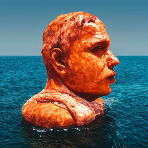 Prompt: a giant human head sculpture in the sea made out of juicy hamburgers, long shot, hyper detailed, hyper realistic, ray tracing, 8 k resolution, sharp focus, realistic water, award winning