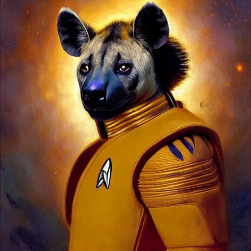 Prompt: a portrait of a hyena hyenaman canine star trek in a starfleet uniform chief engineer. highly detailed painting by gaston bussiere craig mullins jc leyendecker gustav klimt artgerm greg rutkowski furry