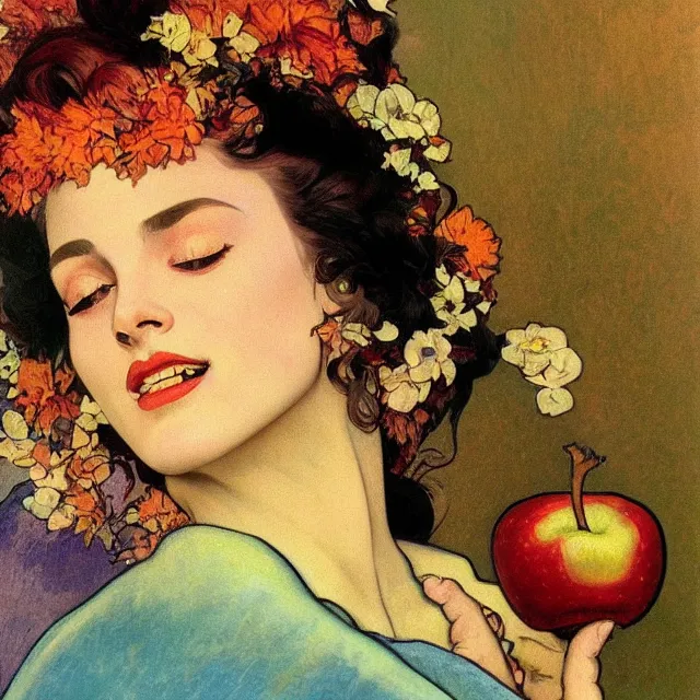 Image similar to an aesthetic! detailed close - up portrait of an aesthetic woman, dressed in silk, crying while holding an apple, by frank frazetta and alphonse mucha, oil on canvas, bright colors, art nouveau, epic composition, dungeons and dragons fantasy art, hd, god - rays, ray - tracing, crisp contour - lines, huhd - 8 k