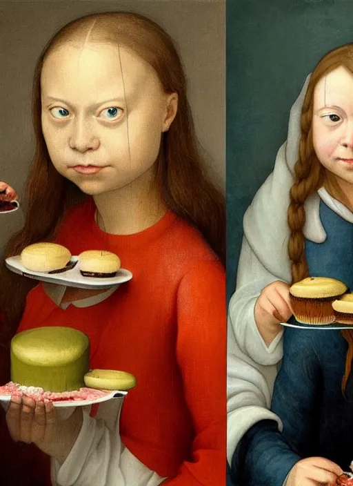 Image similar to greta thunberg eating cakes painted by hieronymus bosch, detailed digital art, trending on Artstation