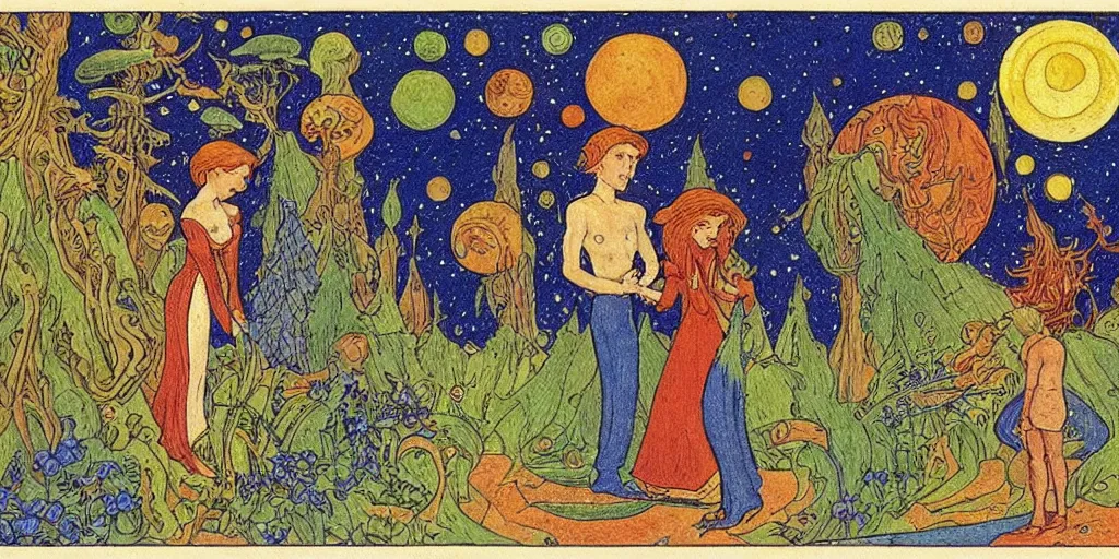 Image similar to a young couple who moved to another planet, hot weather, full growth, by Ivan Bilibin, Russian fairytales illustration