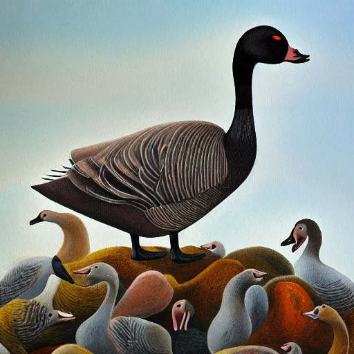 Prompt: a very intricate painting of a singing Canadian goose dancing on top of a pile of corpses, 8k, art station, award winner