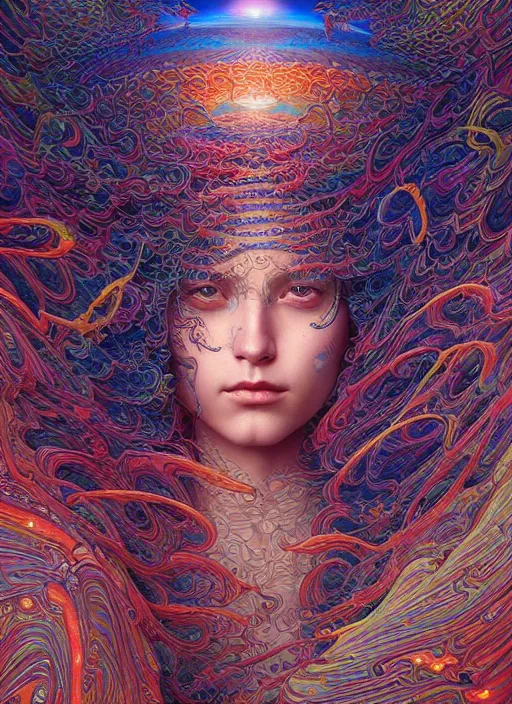 Prompt: hyper detailed masterpiece, psychedelic warpaint pattern, jean giraud, digital art painting, dream wave aesthetic, ethereal, artgerm, donato giancola, tom bagshaw