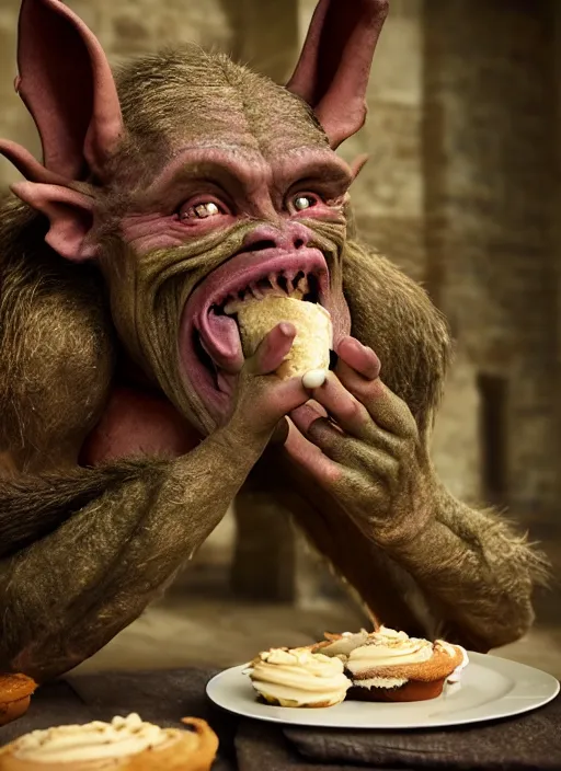 Image similar to closeup portrait of a medieval goblin eating cakes in the cloisters, depth of field, zeiss lens, detailed, symmetrical, centered, fashion photoshoot, by Annie Leibovitz and Steve McCurry, David Lazar, Jimmy Nelsson, Breathtaking, 8k resolution, extremely detailed, beautiful, establishing shot, artistic, hyperrealistic, beautiful face, octane render