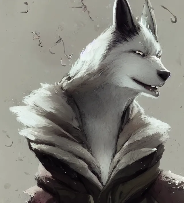 Image similar to a beautiful portrait of a handsome male anthropomorph white wolf furry fursona wearing a hoodie. character design by cory loftis, fenghua zhong, ryohei hase, ismail inceoglu and ruan jia. artstation, volumetric light, detailed, photorealistic, rendered in octane