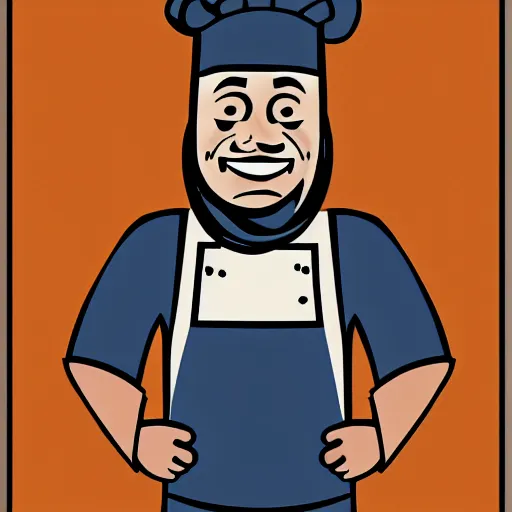 Prompt: portrait of a cook or chef looking at the camera, cartoon, digital art, symmetrical face, smiling face happy, by cooke darwyn