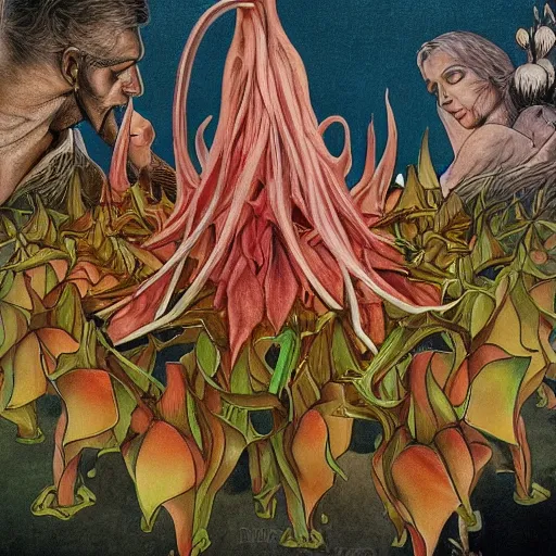 Image similar to close relationship between datura stramonium and men, mythical full of symbolism picture, hyper detailed, hyper realistic, warm colours, symbiosis
