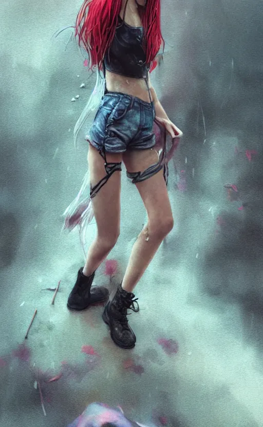 Prompt: a grungy woman with rainbow hair, soft eyes and narrow chin, anorexic figure, long hair straight down, torn overalls, short shorts, fish net stockings, combat boots, basic white background, side boob, in the rain, wet shirt, style by Jordan Grimmer and greg rutkowski, crisp lines and color,