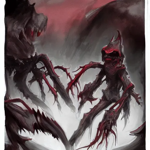 Prompt: dark oppressive amtosphere luficer which is super angry talking with the with extreme anger filled reaper in dark hell with dark red highlights, by aleksandra waliszewska and aoi ogata, horror dystopia concept art