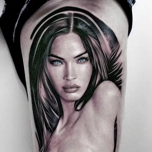 Image similar to double exposure effect tattoo design sketch of megan fox with beautiful mountain scenery, hyper - realistic, in the style of den yakovelev, amazing detail, sharp