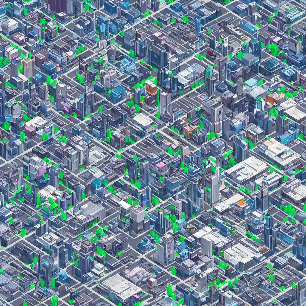 Prompt: A futuristic city that resembles a computer, detailed, isometric