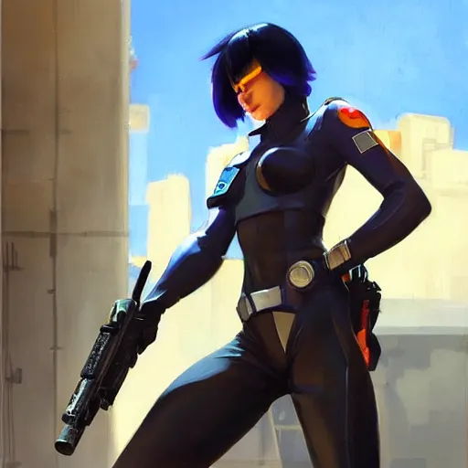 Image similar to greg manchess portrait painting of major kusanagi as overwatch character, medium shot, asymmetrical, profile picture, organic painting, sunny day, matte painting, bold shapes, hard edges, street art, trending on artstation, by huang guangjian and gil elvgren and sachin teng