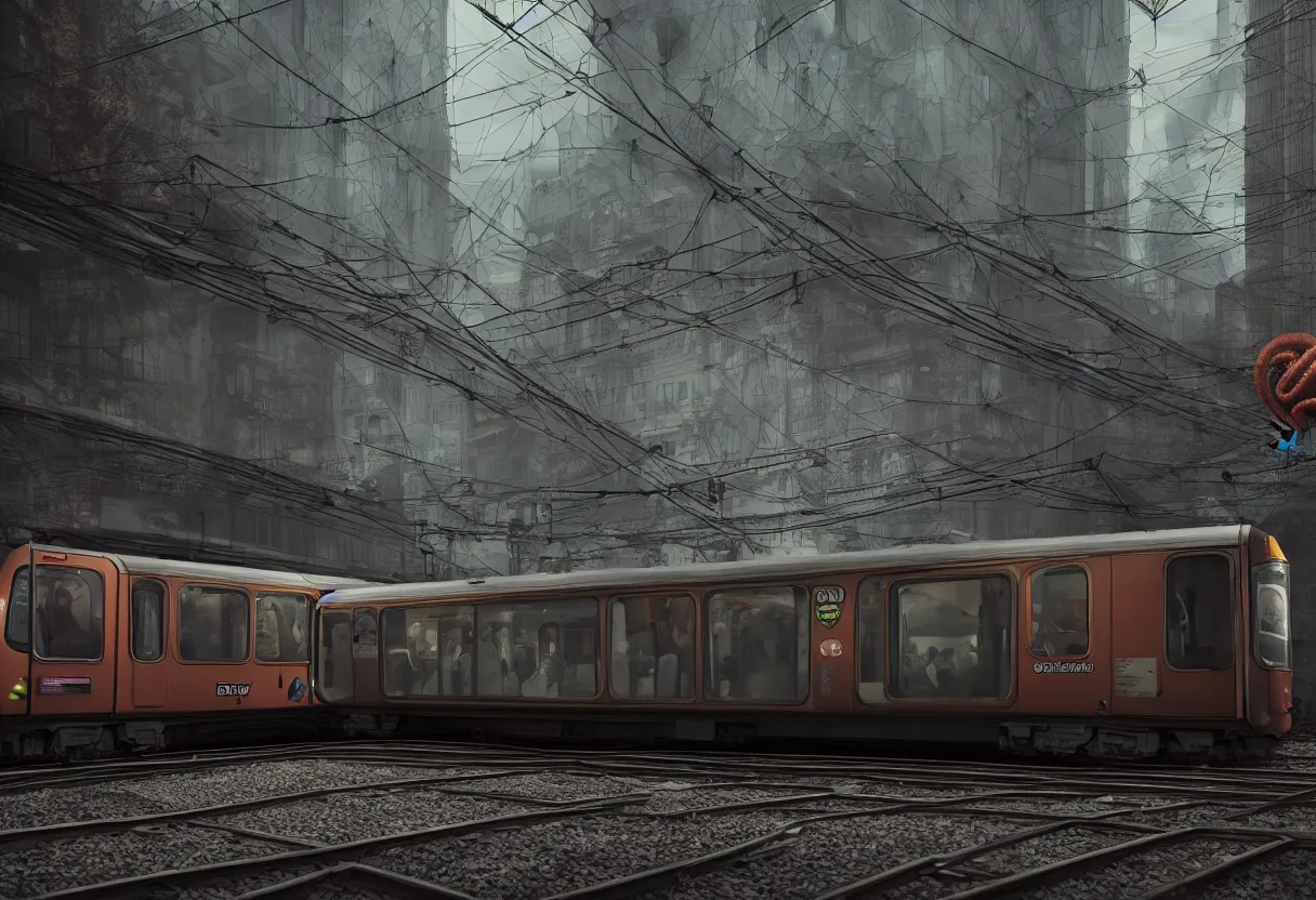 Prompt: a busy subway wagon, there is a huge monster octopus on the interior, tentacles creeping in through the windows and gaps, people are scared and screaming while trying to flee through the windows, octane render, 4 k, urban photography,