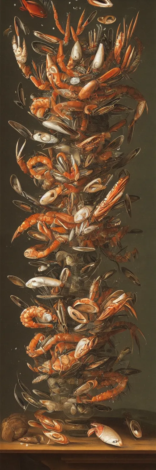 Prompt: A vase of seafood under the sea by Balthasar van der Ast, hyper detailed oil painting